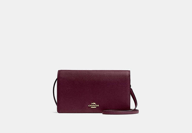 COACH®,HAYDEN FOLDOVER CROSSBODY CLUTCH,Polished Pebble Leather,Mini,Light Gold/Oxblood,Front View