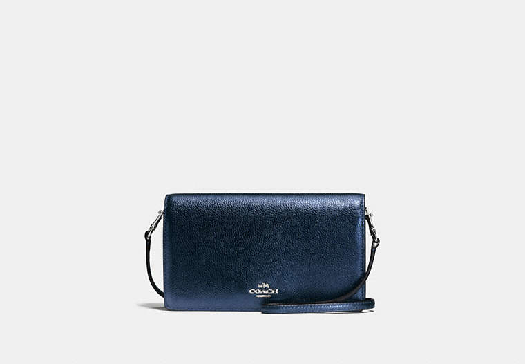 COACH®,HAYDEN FOLDOVER CROSSBODY CLUTCH,Polished Pebble Leather,Mini,Silver/Metallic Navy,Front View