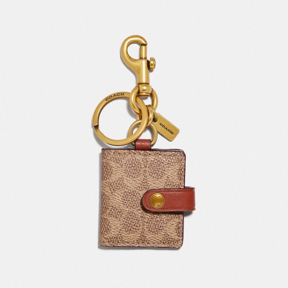 COACH®,PICTURE FRAME BAG CHARM IN SIGNATURE CANVAS,Leather,Brass/Khaki,Front View