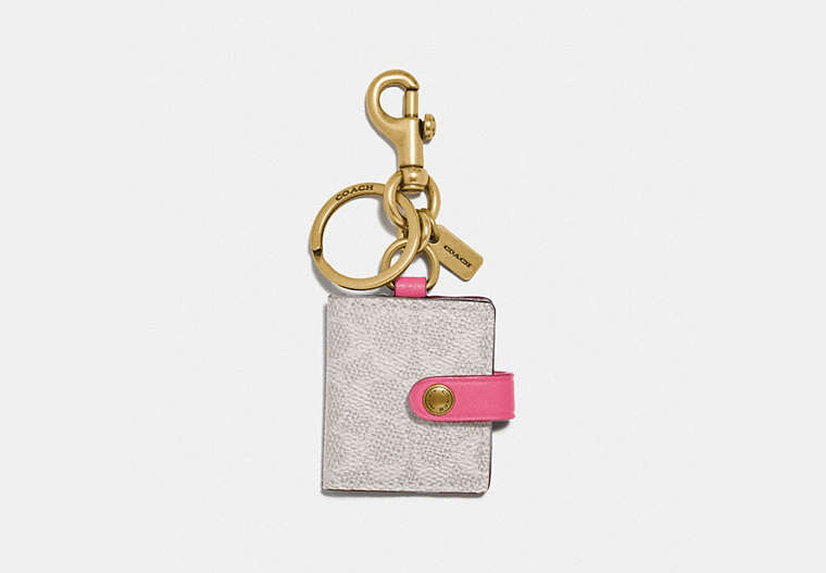 COACH®,PICTURE FRAME BAG CHARM IN SIGNATURE CANVAS,Leather,Brass/Chalk/Confetti Pink,Front View