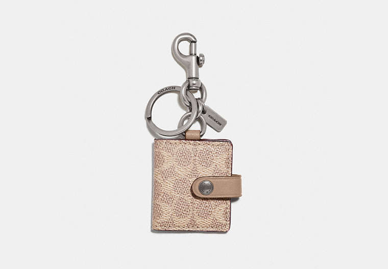 COACH®,PICTURE FRAME BAG CHARM IN SIGNATURE CANVAS,Leather,Nickel/Sand/Taupe,Front View