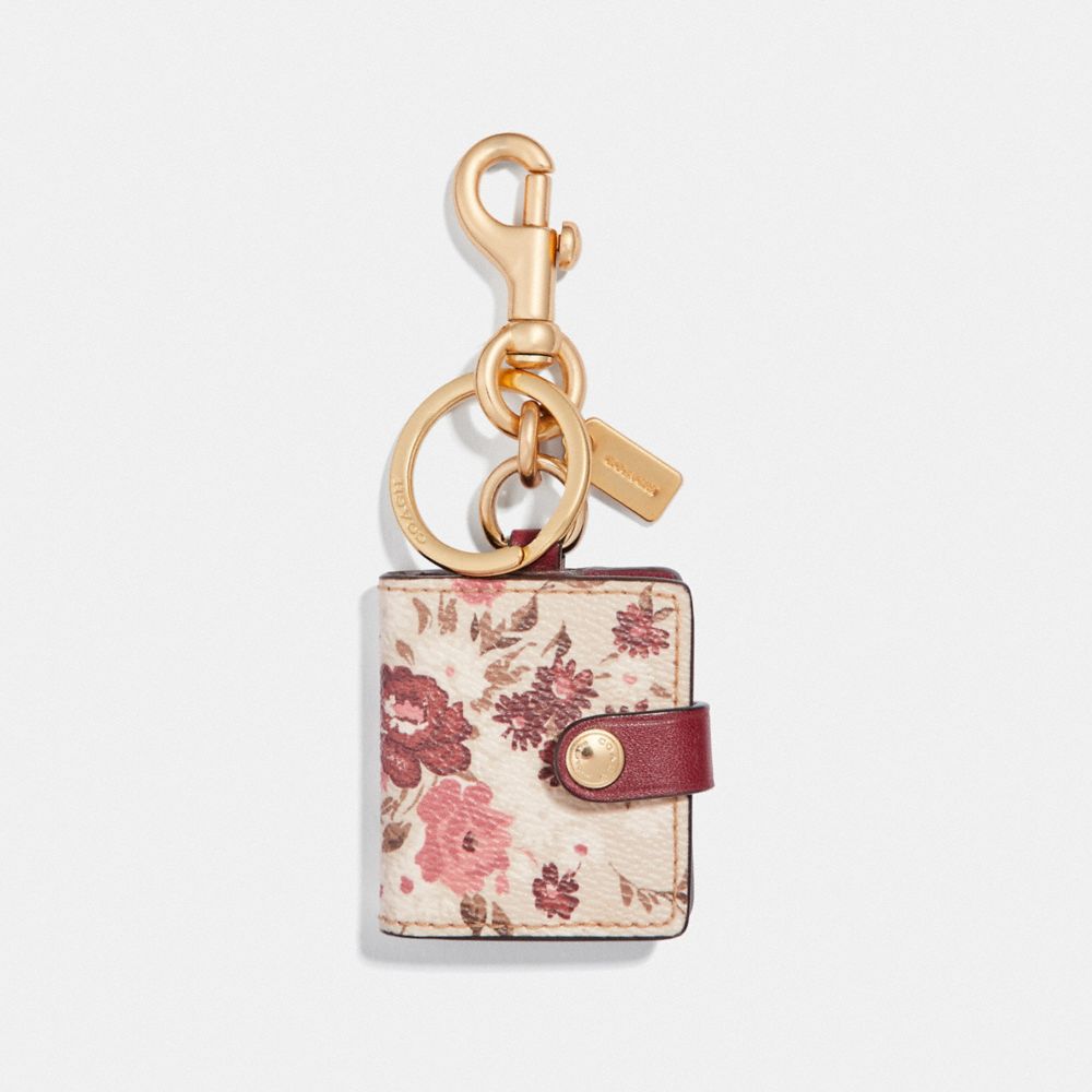 COACH®,PICTURE FRAME BAG CHARM WITH FLORAL BUNDLE PRINT,Leather,Light Gold/Oxblood,Front View