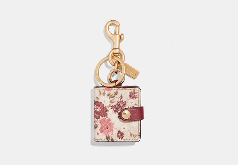 COACH®,PICTURE FRAME BAG CHARM WITH FLORAL BUNDLE PRINT,Leather,Light Gold/Oxblood,Front View