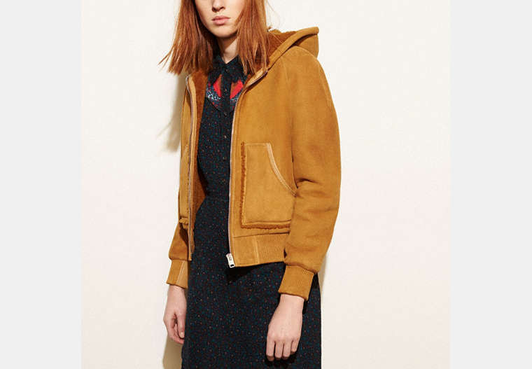 COACH®,SUEDE SHEARLING HOODIE,Suede,HONEY,Front View