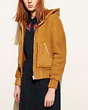 COACH®,SUEDE SHEARLING HOODIE,Suede,HONEY,Front View