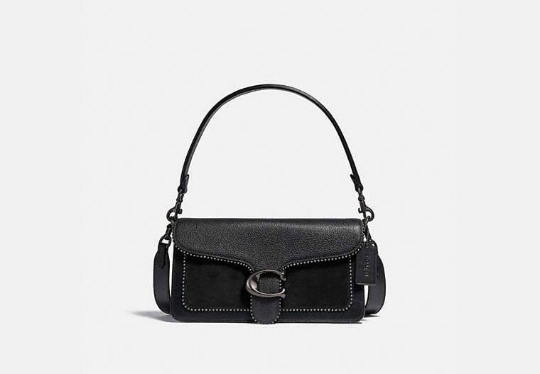 COACH®,TABBY SHOULDER BAG 26 WITH BEADCHAIN,Pebble Leather/Smooth Leather/Suede,Medium,Pewter/Black,Front View