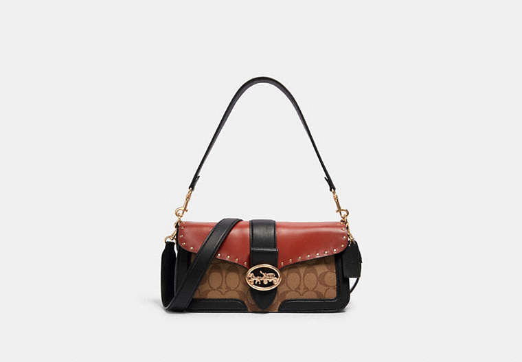 COACH®,GEORGIE SHOULDER BAG IN COLORBLOCK SIGNATURE CANVAS WITH RIVETS,Leather,Large,Gold/Khaki/Terracotta Multi,Front View