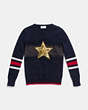 COACH®,WOOL GLITTER STAR CREWNECK SWEATER,wool,NAVY/GOLD,Scale View