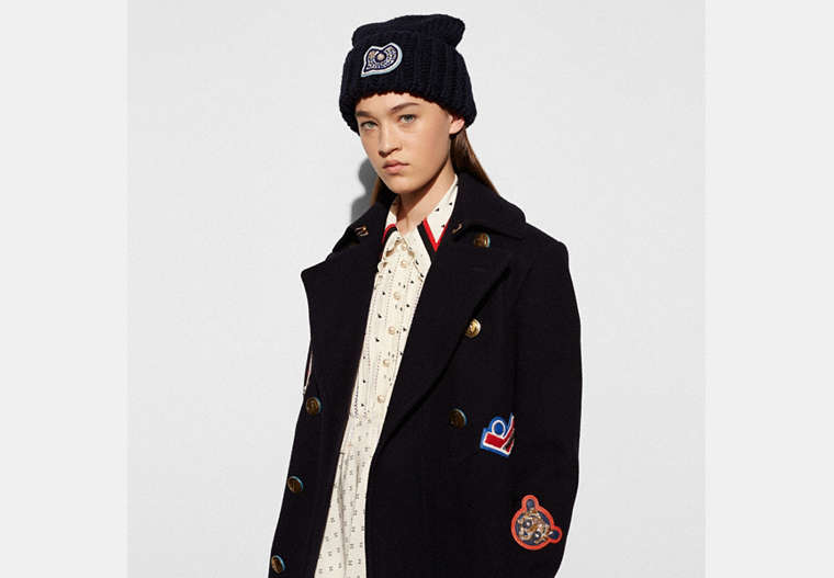 COACH®,CHUNKY EMBELLISHED PATCH BEANIE,wool,NAVY,Front View