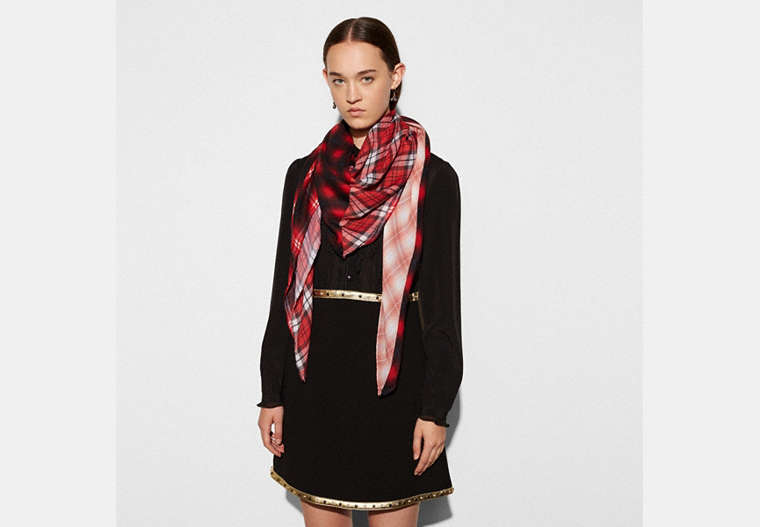 COACH®,PLAID MIX OVERSIZED SQUARE SCARF,wool,Red.,Front View