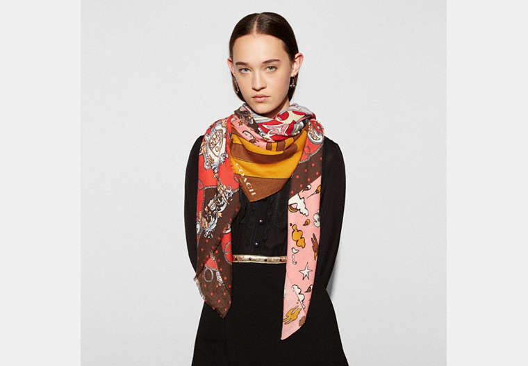COACH®,PRINTED PATCHWORK SHAWL,Wool Blend,Red.,Front View