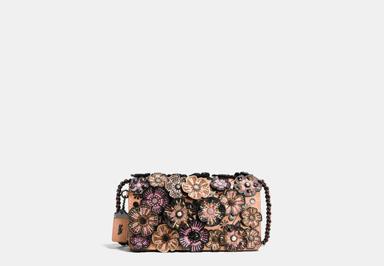 COACH®,EMBELLISHED TEA ROSE APPLIQUE DINKY CROSSBODY IN GLOVETANNED LEATHER,Other Leather,Mini,Pewter/Nude Pink,Front View
