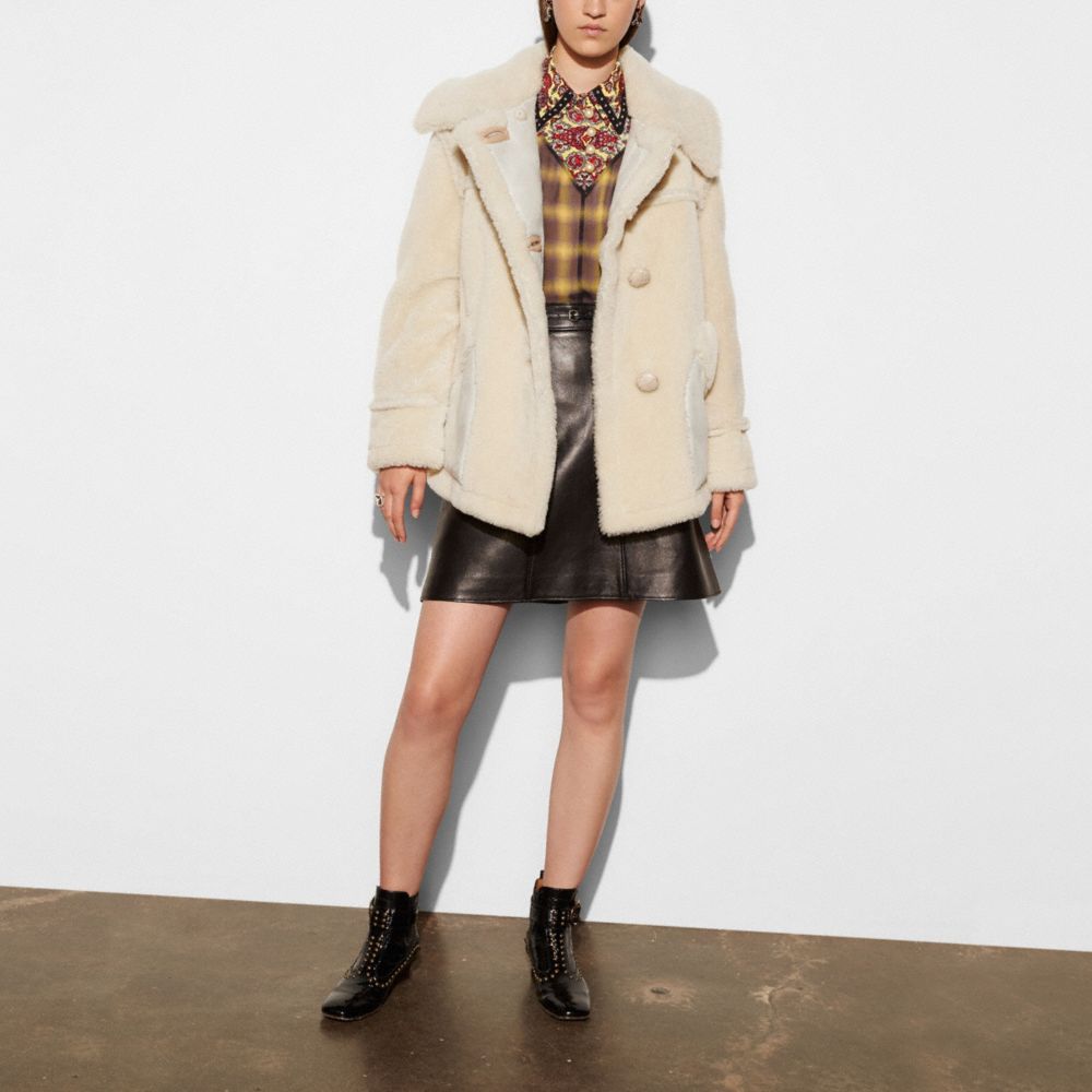 COACH®,SHORT SHEARLING COAT WITH PRINTED LINING,Shearling,Vintage White,Front View