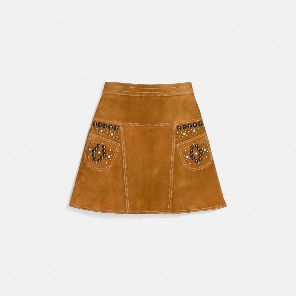 COACH®,A-LINE SKIRT WITH STUDS,Suede,Brown,Front View