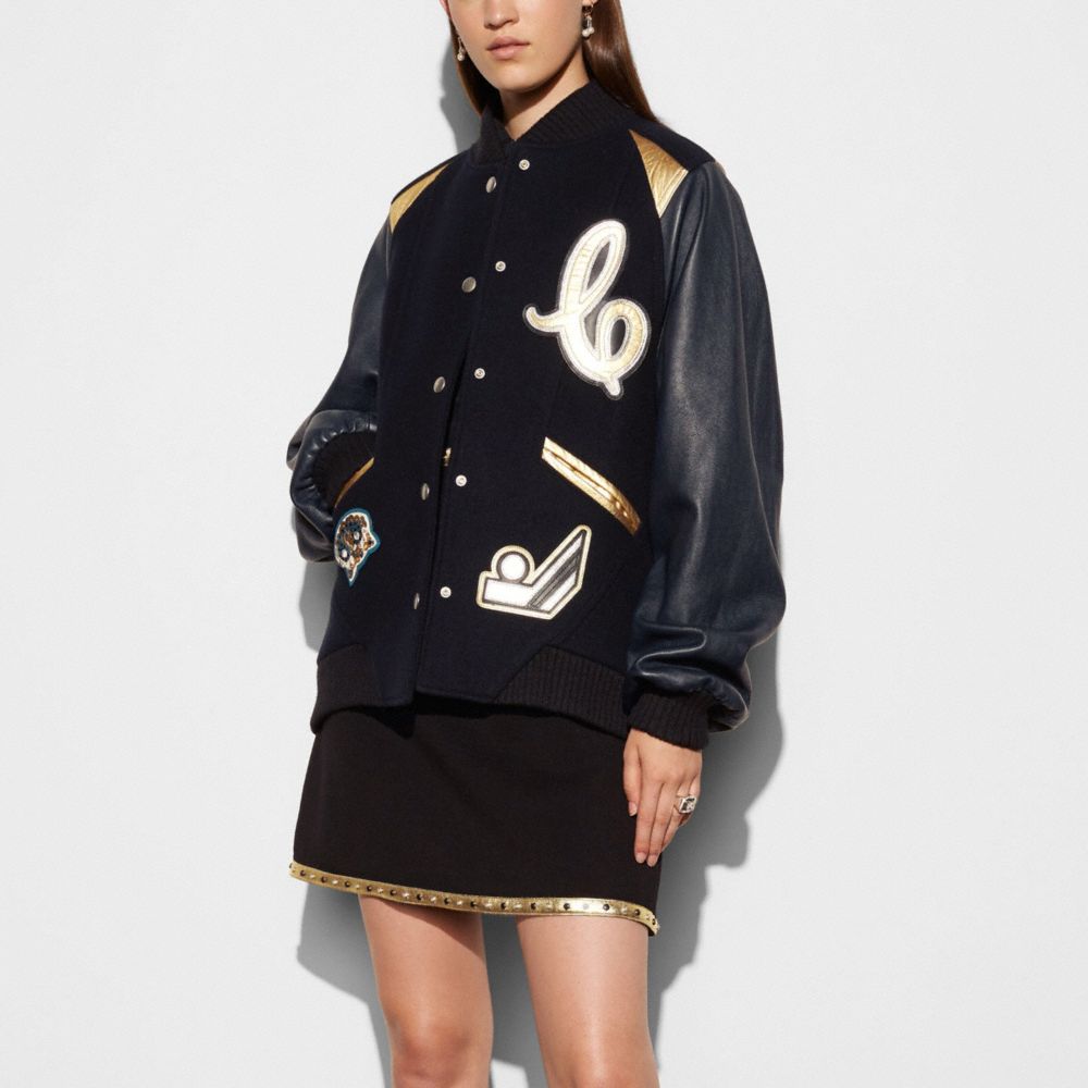 Oversized Varsity Jacket With Metallic Inserts