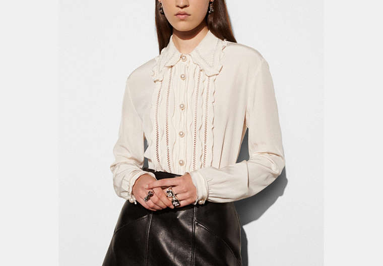 COACH®,SHIRT WITH RUFFLE,Silk,Ivory,Front View