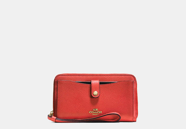 COACH®,PHONE WALLET,Leather,Light Gold/Deep Coral,Front View