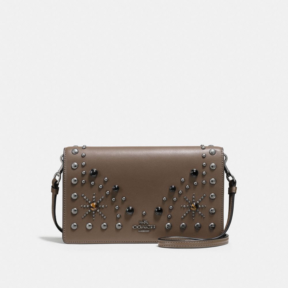 COACH®,FOLDOVER CROSSBODY CLUTCH WITH WESTERN RIVETS,Leather,Mini,Dark Gunmetal/Fatigue,Front View