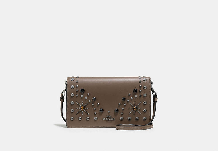 COACH®,FOLDOVER CROSSBODY CLUTCH WITH WESTERN RIVETS,Leather,Mini,Dark Gunmetal/Fatigue,Front View