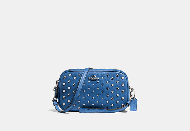 COACH®,CROSSBODY CLUTCH WITH OMBRE RIVETS,Leather,Silver/Lapis,Front View