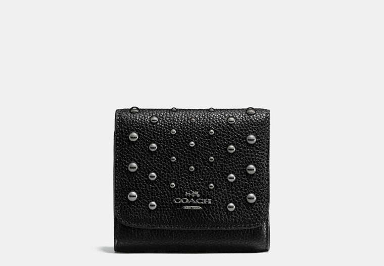 COACH®,SMALL WALLET IN POLISHED PEBBLE LEATHER WITH OMBRE RIVETS,Leather,Gunmetal/Black,Front View