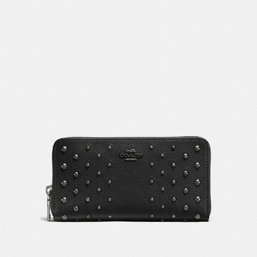 COACH®,Accordion Zip Wallet In Polished Pebble Leather With Ombre Rivets,,Front View