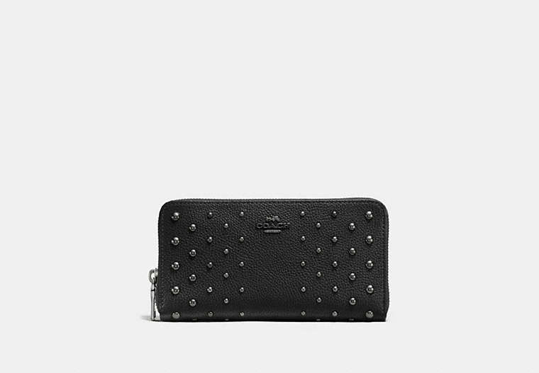 COACH®,ACCORDION ZIP WALLET IN POLISHED PEBBLE LEATHER WITH OMBRE RIVETS,Leather,Gunmetal/Black,Front View
