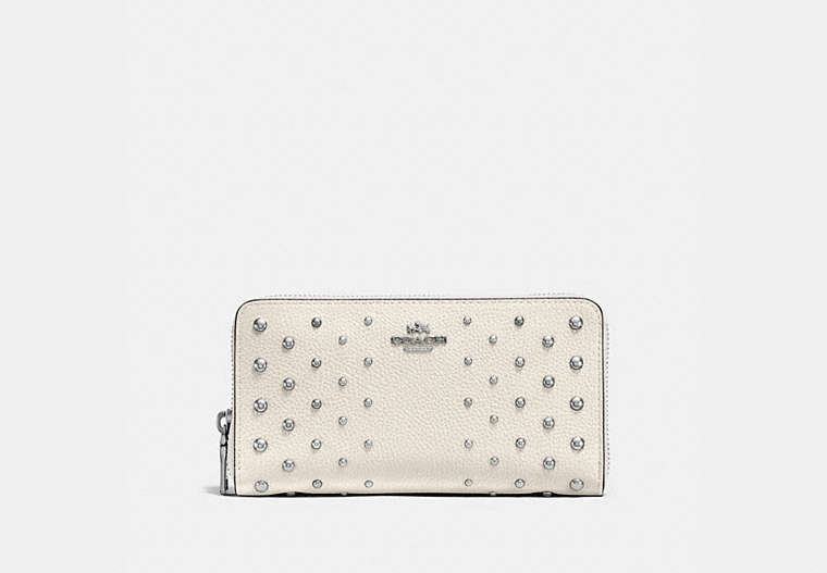 COACH®,ACCORDION ZIP WALLET IN POLISHED PEBBLE LEATHER WITH OMBRE RIVETS,Leather,Silver/Chalk,Front View