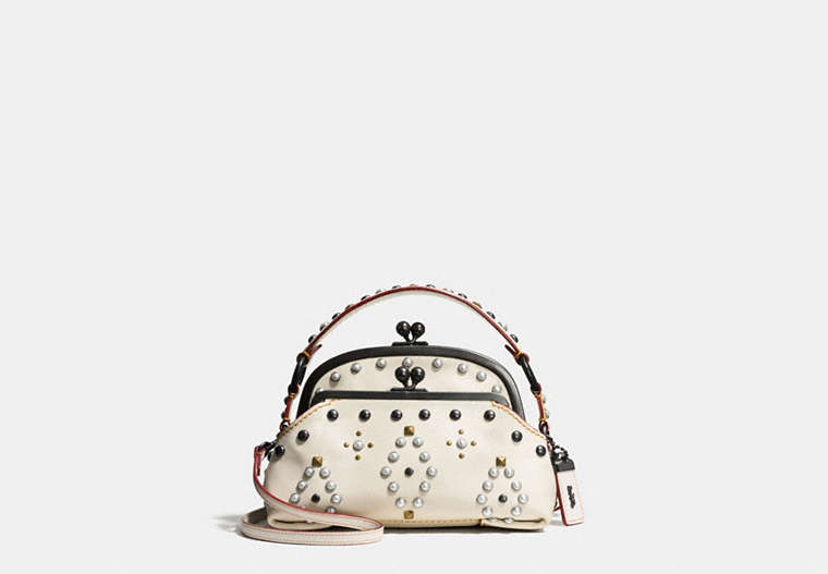 COACH®,WESTERN RIVETS TRIPLE FRAME OUTLAW SATCHEL IN GLOVETANNED LEATHER,Other Leather,Small,Black Copper/Chalk,Front View