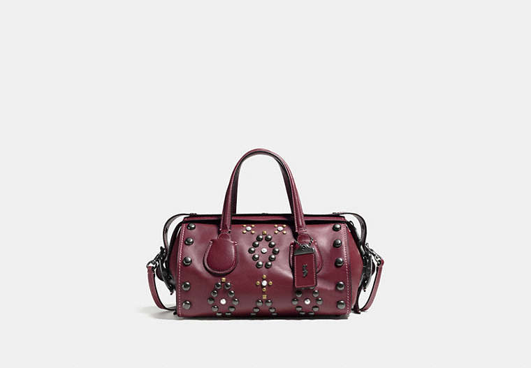 COACH®,BADLANDS SATCHEL WITH WESTERN RIVETS,Other Leather,Large,Black Copper/Bordeaux,Front View