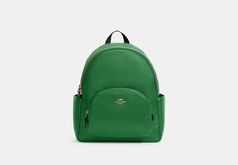 COACH®,COURT BACKPACK,Pebbled Leather,Medium,Gold/Kelly Green,Front View