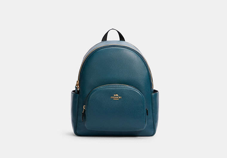 COACH®,COURT BACKPACK,Pebbled Leather,Medium,Gold/Peacock,Front View