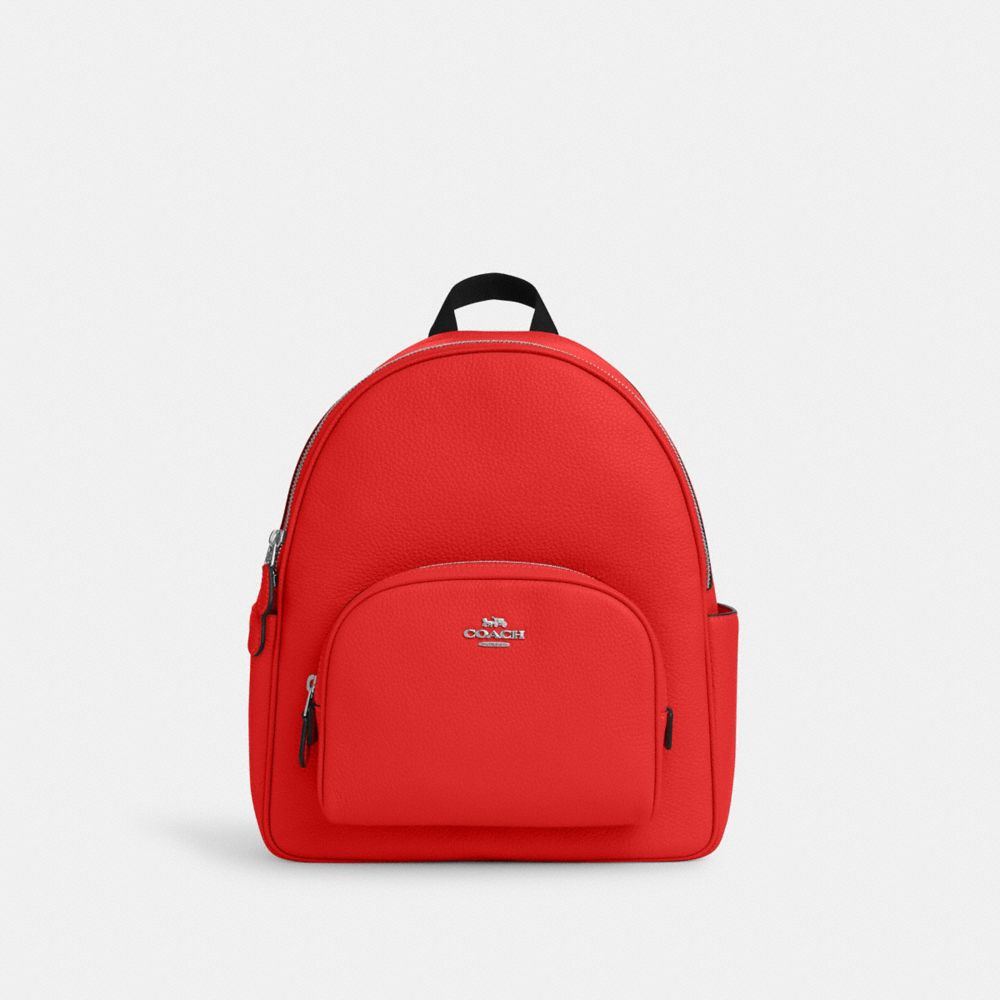 COACH®,COURT BACKPACK,Pebbled Leather,Medium,Silver/Miami Red,Front View