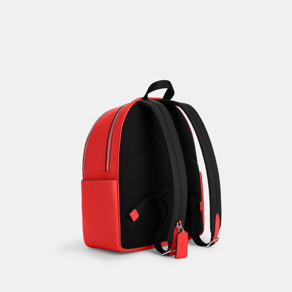 COACH®,COURT BACKPACK,Pebbled Leather,Medium,Silver/Miami Red,Angle View
