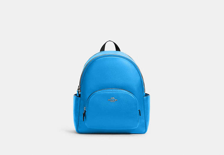 COACH®,COURT BACKPACK,Pebbled Leather,Medium,Silver/Vivid Blue,Front View