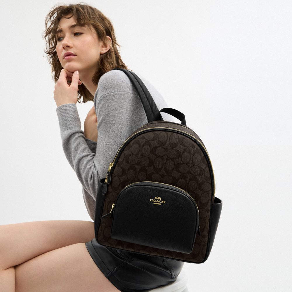 COACH®,Court Backpack In Signature Canvas,Leather,Canvas,Backpack,PVC,Color Block,Logo,Gold Metal,Casual,Multi Color,Detail View