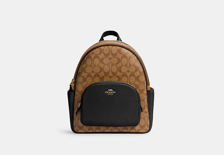 COACH®,COURT BACKPACK IN SIGNATURE CANVAS,pvc,Medium,Office,Gold/Khaki/Black,Front View
