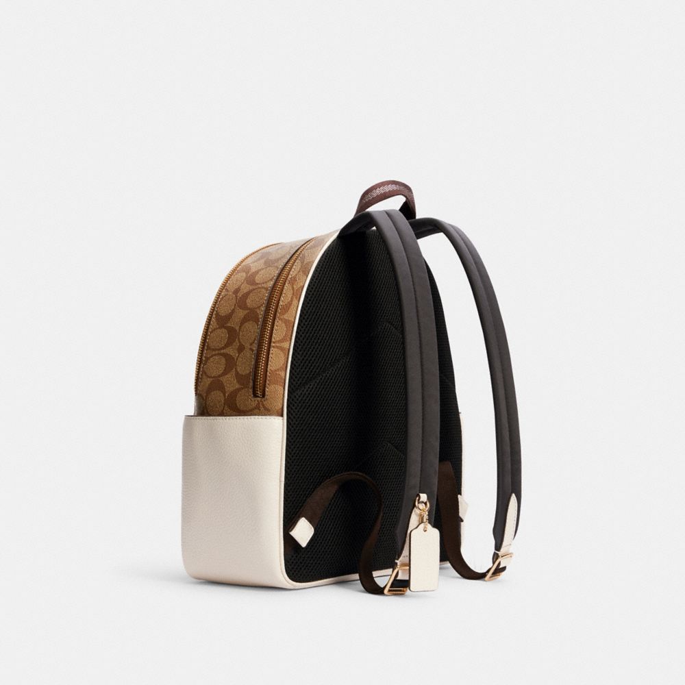 COACH®,Court Backpack In Signature Canvas,Leather,Canvas,Backpack,PVC,Color Block,Logo,Gold Metal,Casual,Brown,Angle View