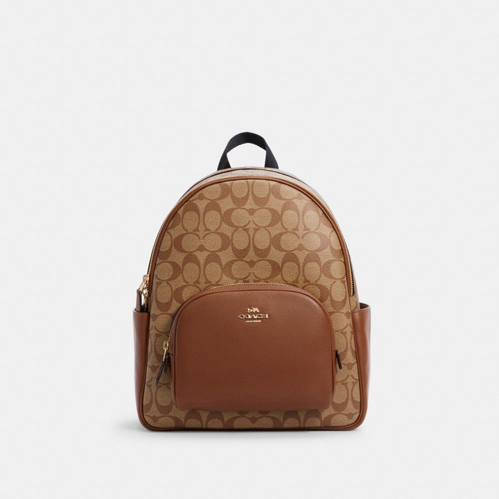 COACH®,COURT BACKPACK IN SIGNATURE CANVAS,Medium,Office,Gold/Khaki Saddle 2,Front View