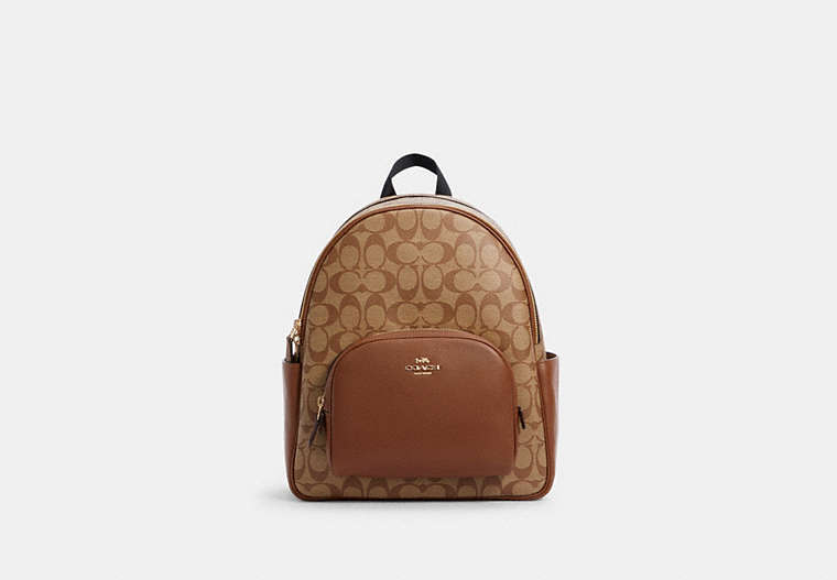 COACH®,COURT BACKPACK IN SIGNATURE CANVAS,pvc,Large,Office,Gold/Khaki Saddle 2,Front View
