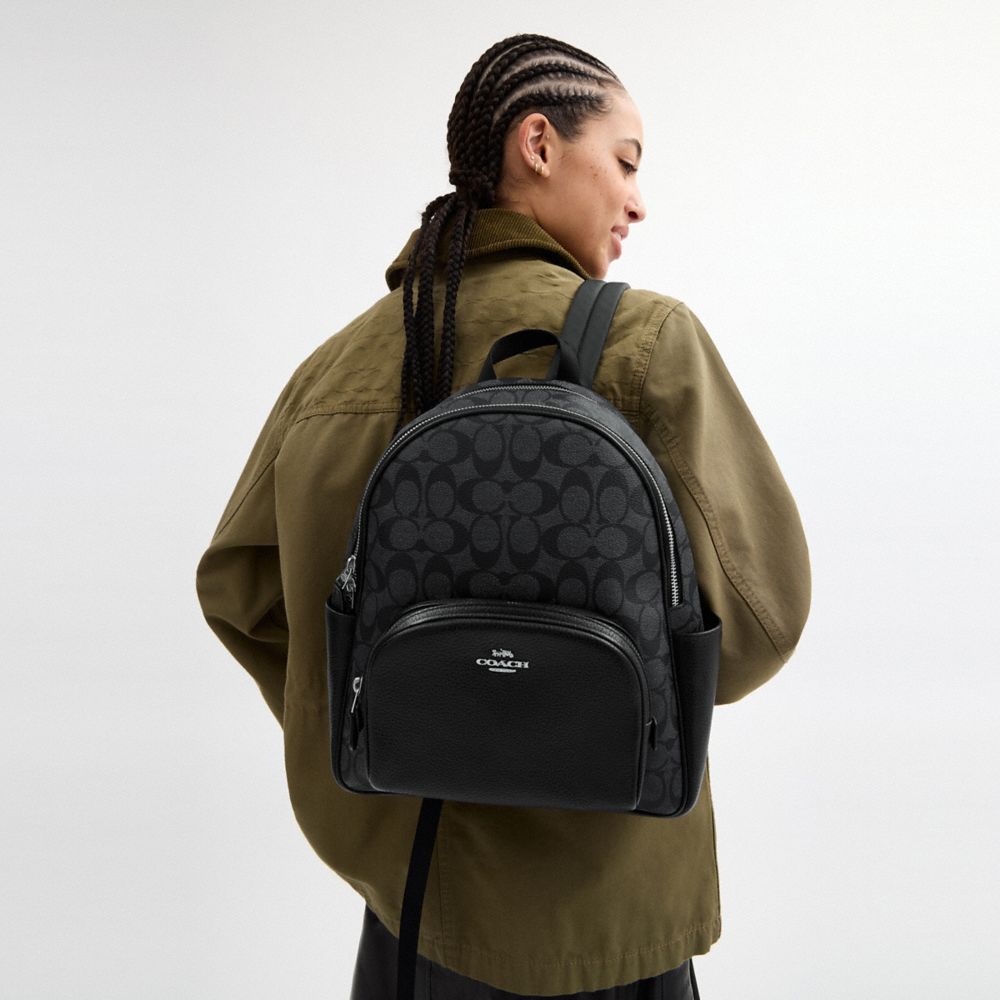 COACH®,Court Backpack In Signature Canvas,Leather,Canvas,Backpack,PVC,Color Block,Logo,Gold Metal,Casual,Multi Color,Detail View