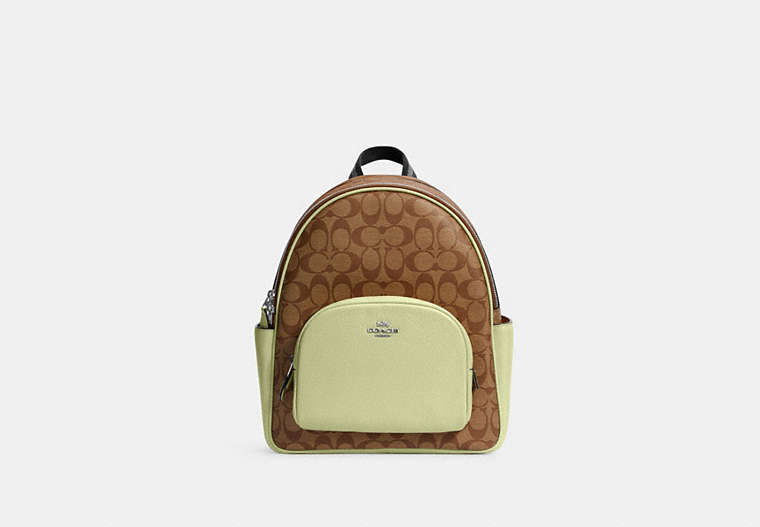 COACH®,COURT BACKPACK IN SIGNATURE CANVAS,pvc,Large,Office,Silver/Khaki/Pale Lime,Front View