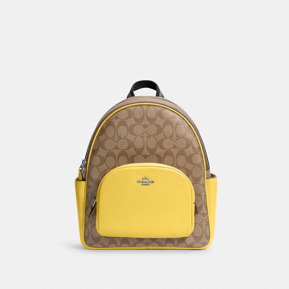 COACH®,COURT BACKPACK IN SIGNATURE CANVAS,Signature Canvas,Medium,Office,Silver/Khaki/Retro Yellow,Front View