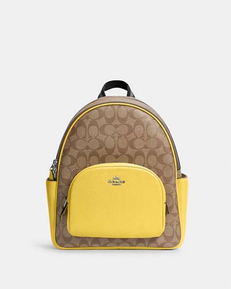 COACH®,COURT BACKPACK IN SIGNATURE CANVAS,Medium,Office,Silver/Khaki/Retro Yellow,Front View