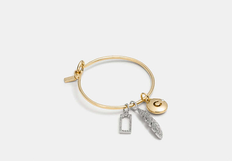 COACH®,PAVE FEATHER HOOP BANGLE CHARM SET,Mixed Metal,Gold/Multi,Front View