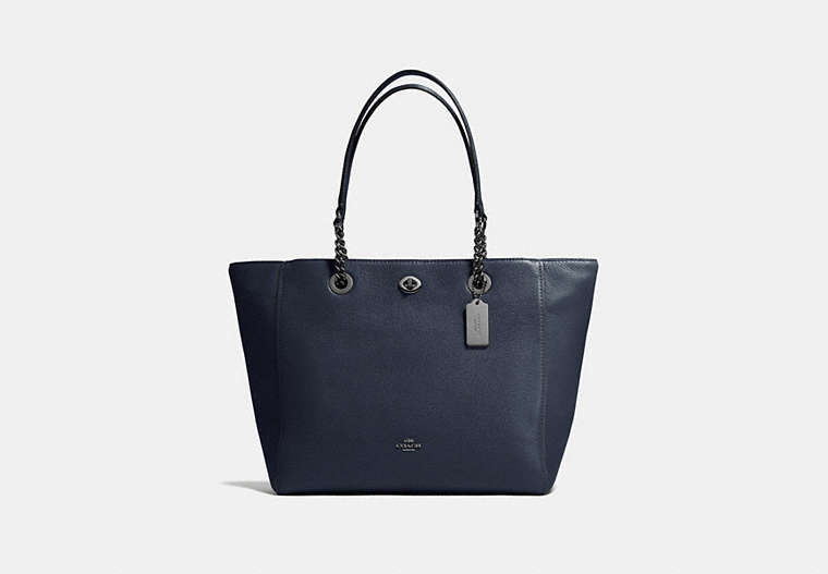 COACH®,TURNLOCK CHAIN TOTE,Leather,Large,Navy/Dark Gunmetal,Front View