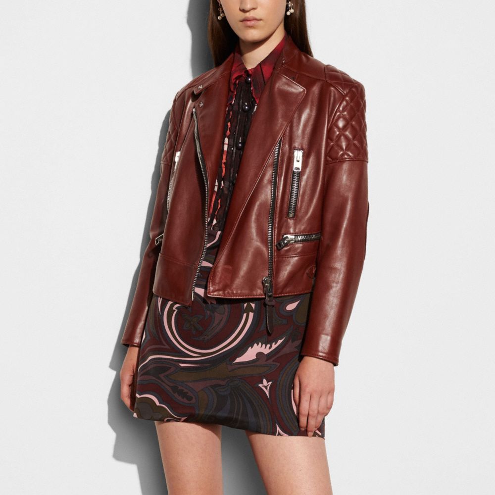 COACH®,ICON LEATHER BIKER JACKET,Leather,HENNA,Front View