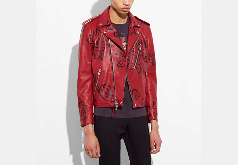 COACH®,PAINTED WILD MOTO JACKET,Leather,CARDINAL,Front View