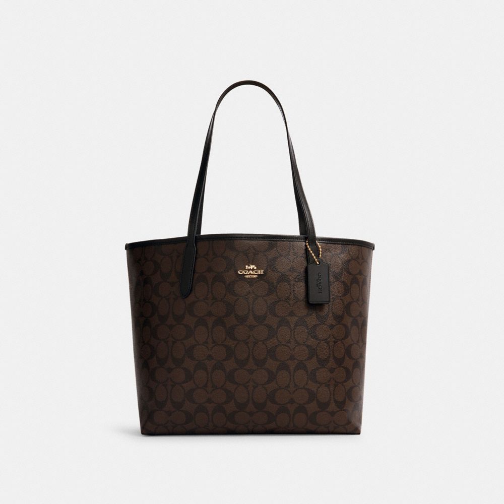 COACH®,CITY TOTE BAG IN SIGNATURE CANVAS,pvc,X-Large,Everyday,Gold/Brown Black,Front View