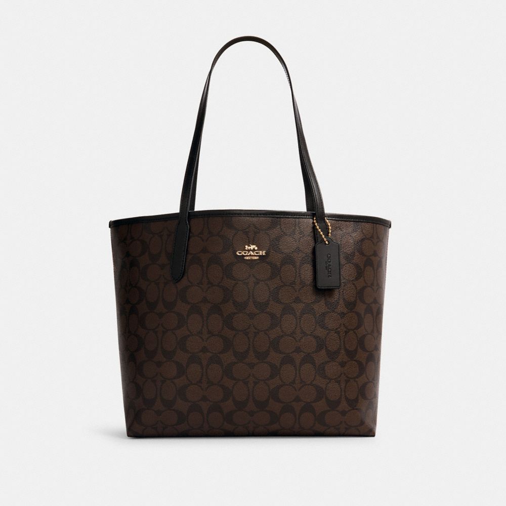 COACH®,CITY TOTE BAG IN SIGNATURE CANVAS,Signature Canvas,X-Large,Everyday,Gold/Brown Black,Front View